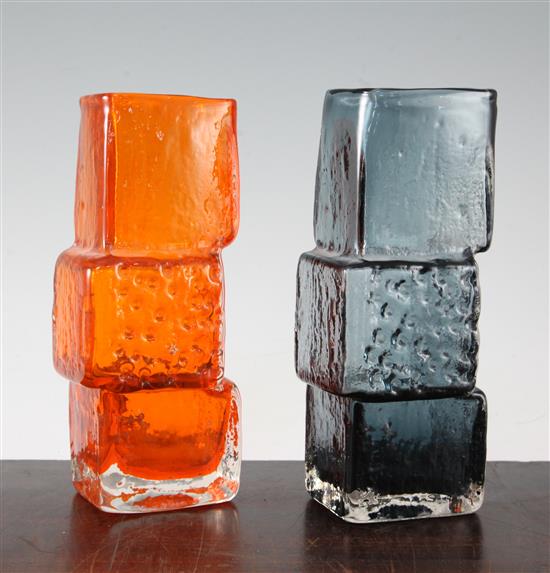 Two Whitefriars drunken bricklayer vases, designed by Jeffery Baxter, 21cm and 21.5cm